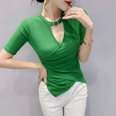 性感交叉V领镂空T恤女短袖欧货设计感分叉上衣纯色百搭辣妹小衫潮商品大图