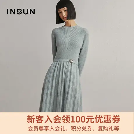 恩裳冬季经典时尚撞色长袖圆领修身百褶裙子中长款羊绒针织连衣裙商品大图