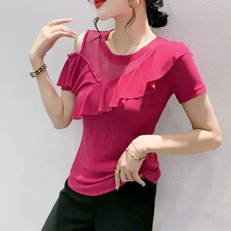 时尚荷叶边小衫女2023夏季新款性感露肩网纱T恤短袖别致修身上衣商品大图