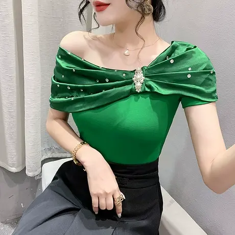 设计感小众一字领T恤女短袖欧货不规则时尚小衫气质钉珠修身上衣商品大图