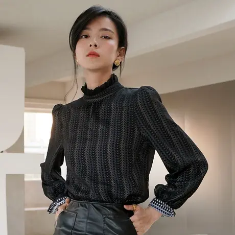 立领网纱雪纺衬衫秋季2023新款女装蕾丝打底衫长袖气质内搭上衣图片