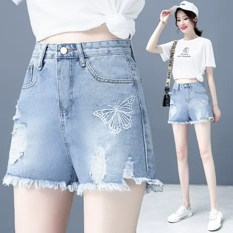 浅色破洞牛仔短裤女夏薄款2023韩版高腰水洗毛边宽松阔腿辣妹热裤图片