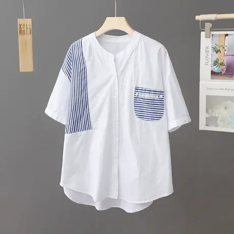 夏装新款条纹拼接短袖衬衫女装圆领别致上衣薄款中袖小衫休闲衬衣商品大图