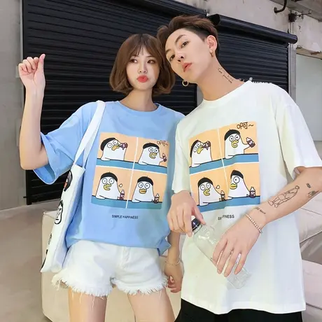 法国小众情侣装夏装2019新款ins韩版宽松短袖T恤女设计感上衣班服商品大图