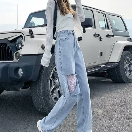 老爹破洞牛仔裤女夏季薄款宽松韩版高腰直筒显瘦百搭阔腿裤潮ins图片