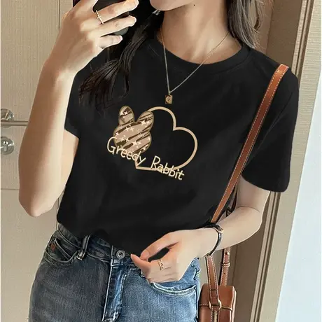 半袖t恤黑色打底衫女2023年夏装新款纯棉短袖体恤小众不撞款上衣商品大图