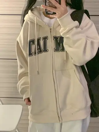 vintage卫衣女2022春秋薄款oversize小众高街潮牌ins开衫连帽外套图片