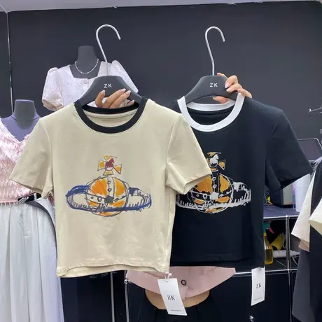 ZK韩国东大门2023夏季新款修身短款百搭拼色卡通显瘦韩版短袖T恤商品大图