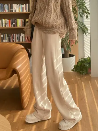 针织阔腿裤女春秋冬加厚雪尼尔高腰显瘦休闲直筒灯芯绒拖地长裤白图片