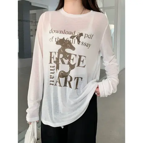 长袖防晒衫女装夏季2023新款宽松外搭慵懒风薄款t恤港味chic上衣商品大图