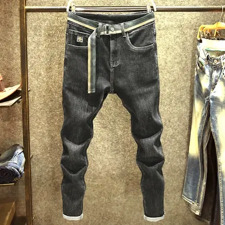 抓绒牛仔裤男士潮牌修身小脚裤2023新款弹力磨毛薄绒长裤子秋冬季商品大图