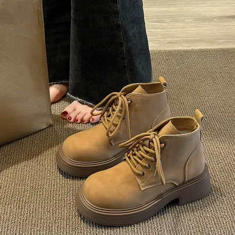 厚底马丁靴女夏季2023年新款小个子增高系带复古英伦风大黄靴短靴商品大图