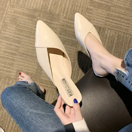 尖头半拖女2023新款春季韩版粗跟包头拖鞋女外穿百搭中跟网红凉拖商品大图