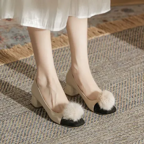 法式气质高跟鞋女粗跟2023年春季新款方头温柔风小众毛毛浅口单鞋图片