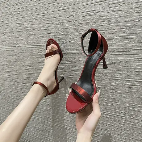 2023年夏季新款性感红色高跟鞋女细跟一字带气质百搭露趾时装凉鞋图片