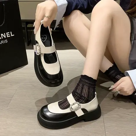 一字扣带圆头浅口复古英伦风小皮鞋女2023秋季新款厚底松糕乐福鞋商品大图
