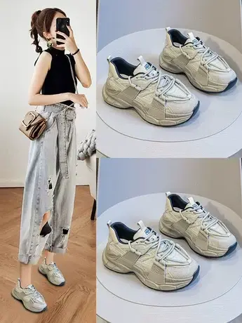 老爹鞋女2023冬季新款网红小众圆头系带增高显脚小休闲百搭运动鞋商品大图