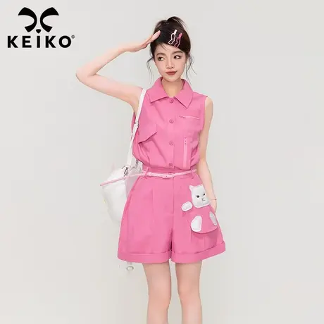 KEIKO [赠腰带]减龄芭比粉色连身短裤多巴胺穿搭工装雪纺连体衣裤商品大图