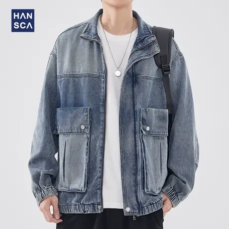 hansca翻领长袖牛仔外套男春季新款美式工装复古水洗宽松休闲夹克商品大图
