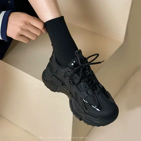 黑色老爹鞋女2025新款高级感运动鞋春秋皮面厚底鞋防水防滑工作鞋图片