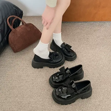 乐福鞋女2024春季新款百搭厚底英伦小皮鞋一脚蹬蝴蝶结jk粗跟单鞋商品大图