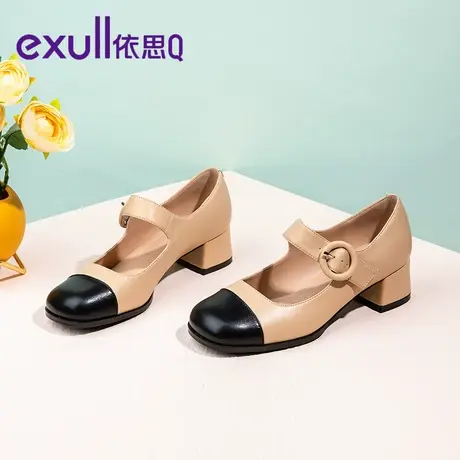 依思Q小皮鞋2023冬季新款玛丽珍鞋浅口单鞋一脚蹬法式乐福鞋粗跟图片