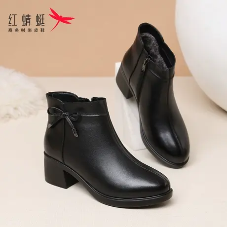红蜻蜓冬季款妈妈棉靴女真皮加绒保暖短靴女高跟中老年女士棉皮鞋商品大图