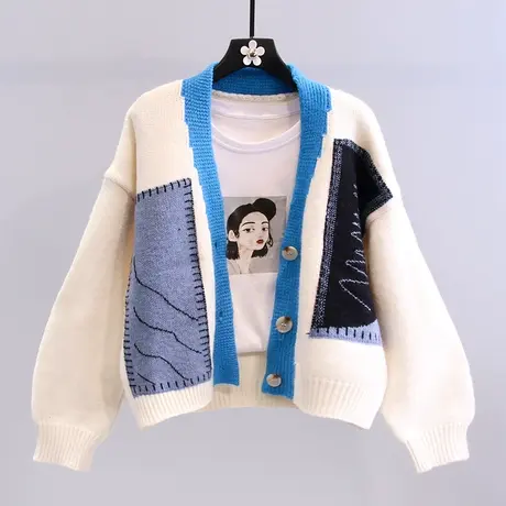 撞色毛衣外套女秋冬2023新款韩版慵懒风宽松外穿百搭短款针织开衫图片