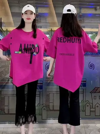 设计感不规则短袖T恤女中长款2023新款夏季宽松欧版大码半袖上衣商品大图