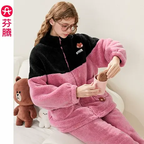 芬腾女士睡衣珊瑚绒2024年秋冬加厚套装新款布朗熊加绒保暖家居服商品大图