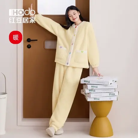 红豆居家珊瑚绒睡衣女冬季开衫可外穿桂花绒加厚款少女家居服套装图片