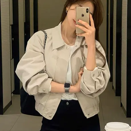 高级感气质纯色短外套女韩版简约休闲百搭夹克工装上衣春秋新款图片