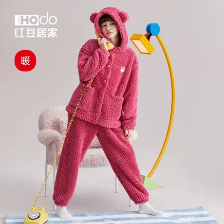 珊瑚绒睡衣女秋冬季加厚保暖可爱卡通显白加绒加厚连帽家居服套装商品大图