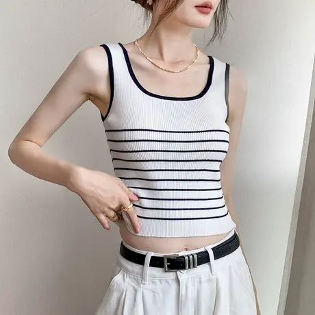 撞色条纹针织吊带背心女2024夏季新款修身设计感配衬衫的内搭上衣商品大图