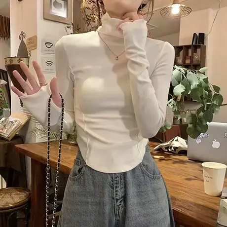 秋冬内搭高领打底衫女韩版洋气修身短款上衣德绒加厚保暖长袖T恤商品大图