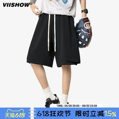 VIISHOW裤子男夏季透气耐磨仿麻中裤美式ins风百搭黑色运动短裤商品大图