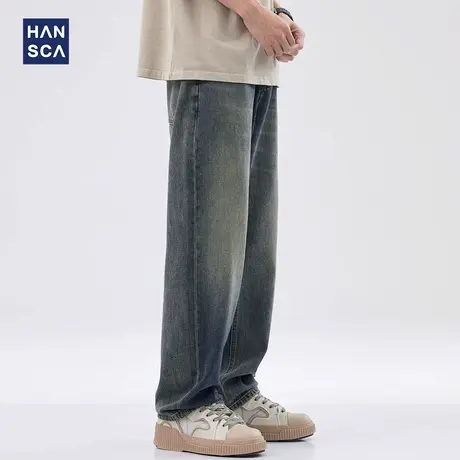 hansca美式复古水洗牛仔裤男夏季新款直筒宽松高端潮牌阔腿长裤子商品大图