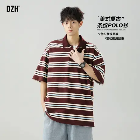 男士美式条纹短袖polo衫男夏季宽松上衣五分袖t恤2025新款情侣装商品大图