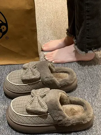 棉拖鞋女甜妹学院风蝴蝶结少女心秋冬新款舒适百搭厚底防滑居家鞋商品大图