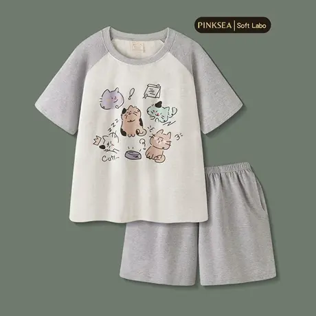 Pinksea纯棉睡衣女款2025新款夏季短袖女士套装卡通情侣家居服男商品大图