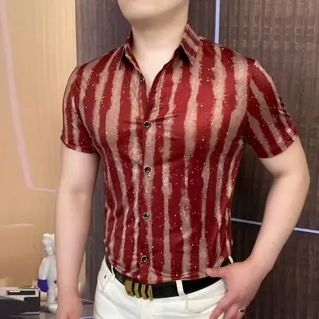 潮流欧货夏季冰丝条纹衬衫男士轻奢商务休闲痞帅夏装百搭时尚衬衣商品大图