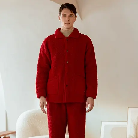 秋鹿秋冬男士睡衣可外穿加厚珊瑚绒纯色休闲宽松法兰绒家居服套装商品大图