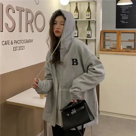 韩版宽松大码卫衣2022新款女休闲连帽外套ins潮加绒加厚灰色上衣商品大图