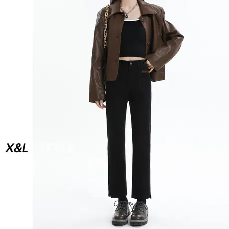 黑色开叉直筒牛仔裤女秋季2023新款高腰显瘦小个子女士宽松烟管裤图片