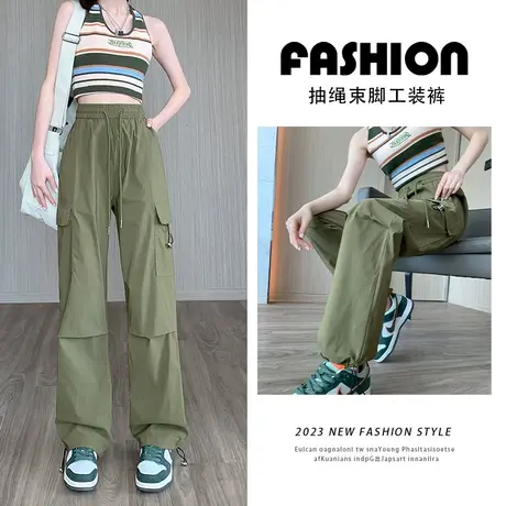 军绿色阔腿休闲工装裤女夏季2023年秋季新款设计感修身百搭直筒裤商品大图