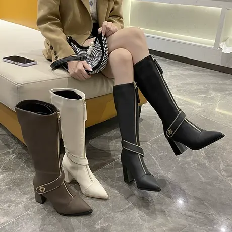 尖头不过膝长筒靴女2022年冬季新款加绒高筒靴法式粗跟高跟骑士靴图片
