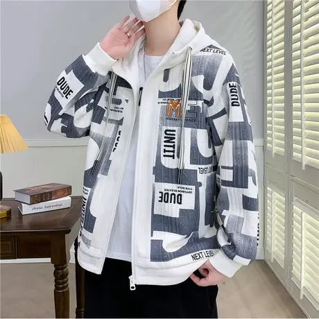 连帽外套男春秋款潮牌字母个性小香风夹克男宽松休闲帅气开衫卫衣商品大图