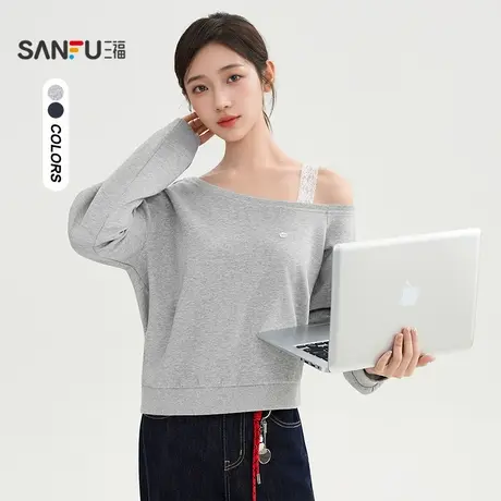 三福卫衣2025秋季小标装饰蕾丝肩带斜肩上衣女装507674商品大图