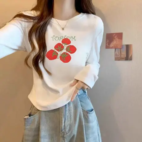 秋冬新款正肩内搭磨毛德绒印花加绒短款打底衫修身T恤女长袖上衣商品大图