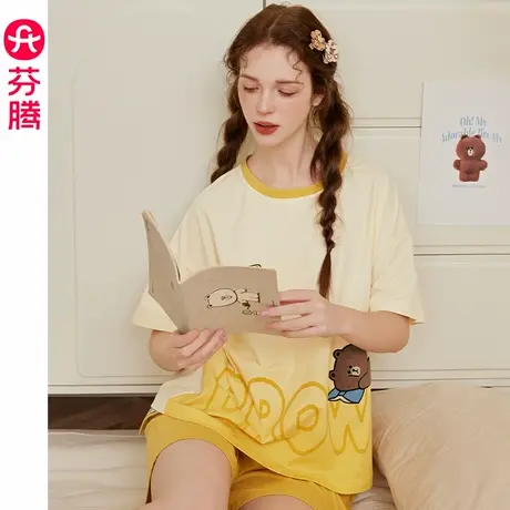 芬腾布朗熊女士睡衣夏季纯棉短袖凉感卡通可爱甜美少女家居服套装商品大图